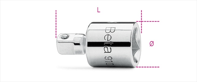 Shiny chrome 910/15 adapter with a 3/8 inch female drive and a 1/4 inch male drive, featuring engraved "Beta" branding and measurement indicators.