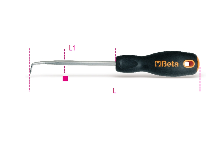 Black handle with orange accents, featuring the Beta logo, attached to a silver, angled metal bit designed for general use, with measurement markings beside it.