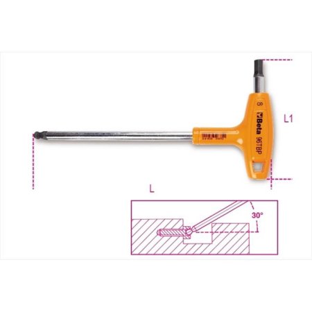 Beta 96TBP Ball End Hex Key Allen Wrench features a high torque ergonomic T-handle in bright orange, with a shiny steel shaft and a 5mm metric hex tip for easy access.