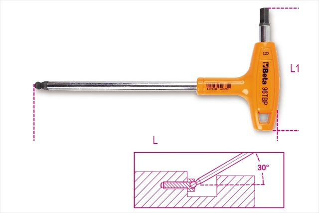 Orange ergonomic T-handle hex key wrench with a high torque design, featuring a 6mm ball end and a chrome-plated steel shaft for durability, labeled with "Beta 96TBP."