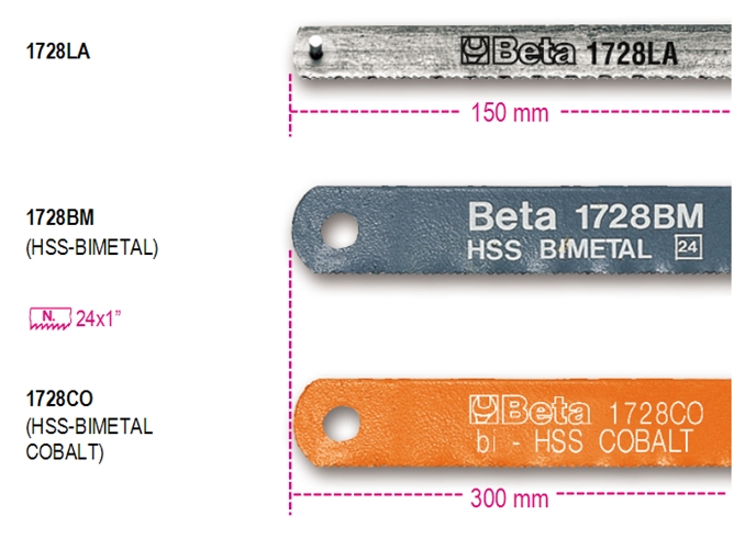 Three hacksaw blades by Beta: the top blade is silver with "1728LA," the middle is dark blue with "1728BM," and the bottom is orange with "1728CO," each labeled with specifications.