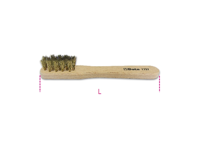 Corrugated brass wire brush with a wooden handle, featuring fine 0.2 mm bristles, marked with "Beta 1737" for identification.