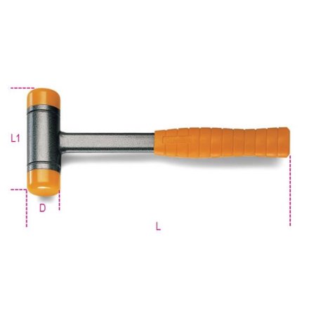Dead-blow hammer with a steel shaft, featuring an interchangeable orange plastic face and a textured orange rubber grip for improved handling.