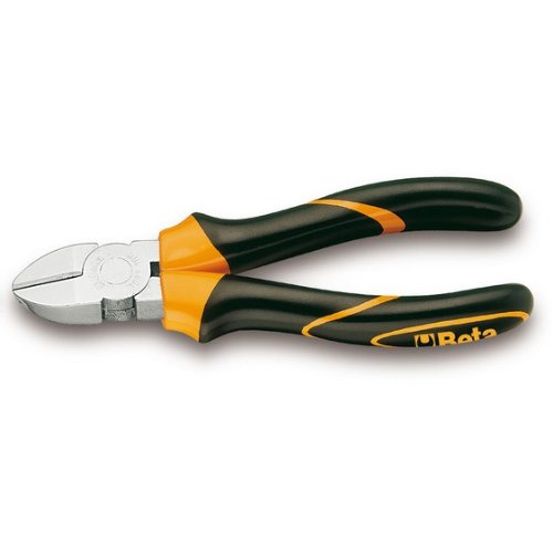 Diagonal cutting nippers with bi-material black and orange handles, 140mm overall length, featuring shiny metal jaws with 20mm length and 25mm width for precision cutting.