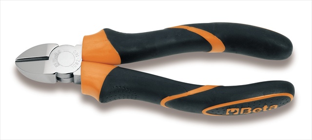 Diagonal cutting nippers with bi-material black and orange handles, 160mm overall length, featuring a shiny metal jaw with a 22mm length and 28mm width.