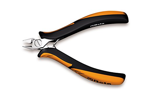 Diagonal flush cutting nippers with slim tips, featuring bi-material handles in black and orange, and a polished metal cutting edge.