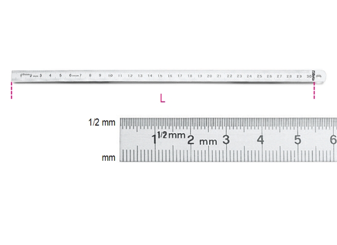 Stainless steel flexible graduated rule, 150mm long, featuring clear black markings for measurements in millimeters and half-millimeter increments.
