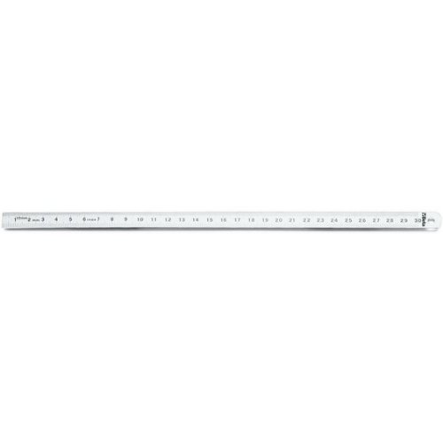 Stainless steel flexible graduated rule, 300mm long, featuring clear metric markings along its length for precise measurements.