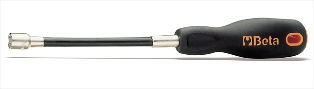 Black and orange 10mm flexible shaft nut driver with a textured handle for grip, featuring a chrome-plated socket head and a long, flexible shaft for accessing tight spaces.