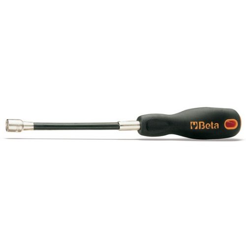 Beta 943FL Flexible Shaft Nut Driver features a black handle with an ergonomic grip, a 6mm chrome-plated steel socket, and a flexible shaft for access to tight spaces.