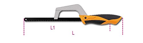 Beta Tools USA 017270020 hacksaw frame features a sturdy silver metal blade holder, a black and orange ergonomic grip, and a sleek design for one-handed use.
