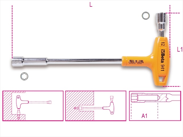 Beta 941 T-handle socket wrench in vibrant yellow and silver, featuring a 6-point/12-point design, with a 10mm x 10mm metric socket for versatile use.