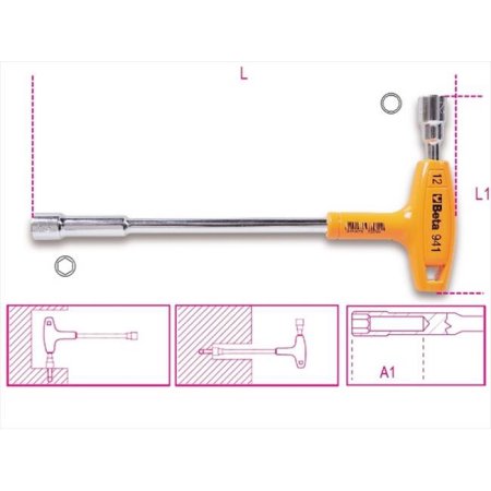 Yellow T-handle socket wrench with a 6-point/12-point design, featuring a metric 8mm socket, made of durable metal, ideal for various fastening tasks.