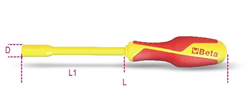 Red and yellow hex nut spinner with a textured handle, featuring a yellow shaft and a hexagonal tip, designed for 10 mm nuts, branded with the Beta logo.