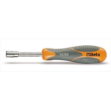 Hi-torque hex nut spinner with a silver metal socket, featuring an ergonomic gray and orange rubber handle, marked with "Beta 942BX."