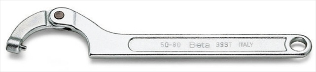 Silver adjustable-pin spanner wrench with a 50-80 mm range, featuring a curved hook and a hole for hanging, marked with "Beta 99ST ITALY."