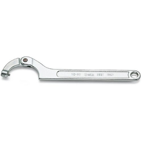 Silver adjustable-pin spanner wrench by Beta, measuring 80-120 mm, featuring a sleek metal design with a curved hook and a smooth handle for easy grip and maneuverability.