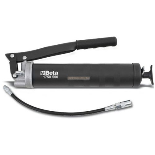 Manual grease gun with a black rubber grip, metal body, and a flexible hose, featuring a silver nozzle and the Beta logo prominently displayed.