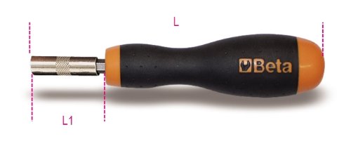 Black and orange ergonomic handle with textured grip, featuring a 1/4 inch hex magnetic bit holder at the end, branded with the Beta logo.