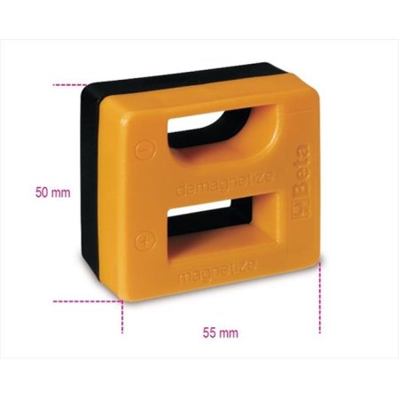Yellow and black 1200MS magnetizer/demagnetizer block with embossed "+" and "-" symbols, measuring 50mm by 55mm, designed for steel tools.