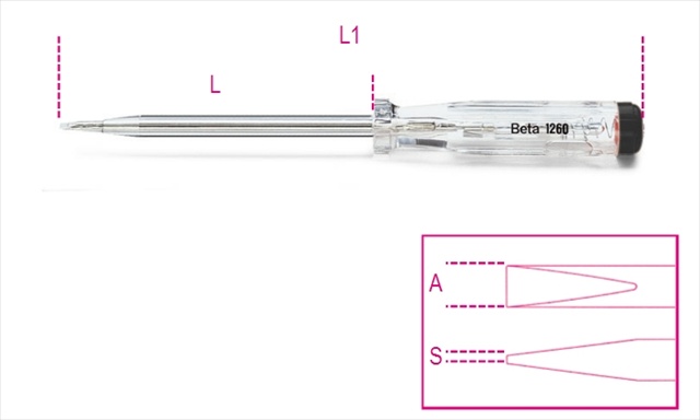 Transparent handle screwdriver with a silver metal shaft, marked "Beta 1260," featuring a pointed tip for mains testing up to 250V, measuring 0.5x3.5x100mm.