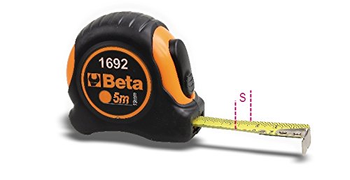 Black and orange shock-resistant measuring tape with a bi-material ABS case, featuring a steel tape marked in yellow, precision class II, extending up to 2 meters.