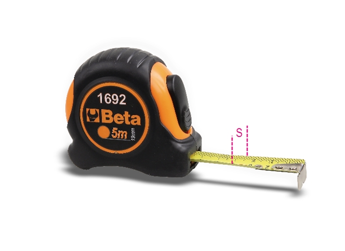 Black and orange shock-resistant measuring tape with a bi-material ABS case, featuring a steel tape and precision Class II, extending up to 5 meters.