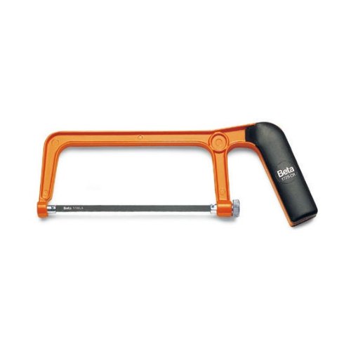 Mini hacksaw frame in varnished aluminum with an orange handle and black grip, featuring a tension adjustment knob and a sharp blade for precise cutting.