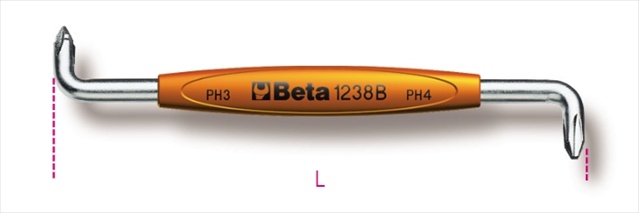 Beta 1238B offset screwdriver features a bright orange handle with black branding, designed for cross head screws, with a chrome-plated steel shaft and two different sized heads (PH3 and PH4).