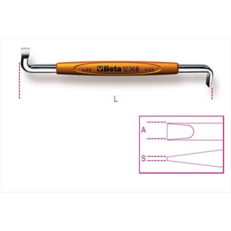 Slotted offset screwdriver with a 1 x 5.5 mm tip, featuring a silver metal shaft and an orange rubber grip, designed for precision in tight spaces.
