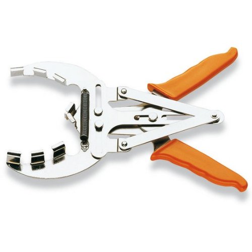 Beta 1445/1 piston ring expander features a chrome-plated metal construction with orange rubber grips, designed for expanding piston rings between 50-100mm in diameter.
