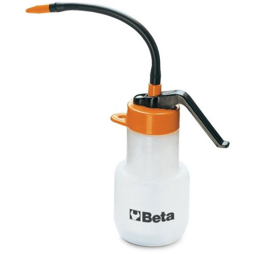 Clear plastic oil can with an orange cap and flexible black spout, labeled "Beta," holds 250 cc (8.5 oz) of oil, featuring a sturdy metal handle for easy pouring.