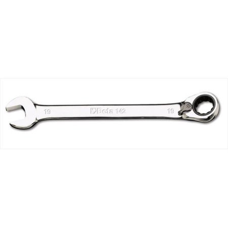 Reversible ratcheting combination wrench in polished chrome finish, marked "Beta 142" and "19" on the handle, featuring an open-end and a socket end for versatile use.