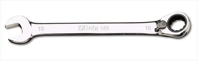 Shiny chrome-finished 12-point reversible ratcheting combination wrench, marked "Beta 142" and "8mm," featuring an open end and a socket end for versatile use.