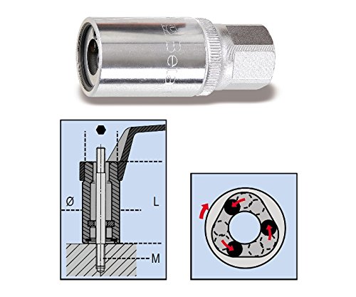 Beta Tools 1433 Roller Stud Extractor features a shiny chrome finish, 1/2" square drive, and includes diagrams showing its application and internal mechanism for stud extraction.