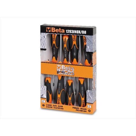 Screwdriver set featuring eight tools in a black and orange box, with ergonomic handles and various sizes labeled for easy identification.