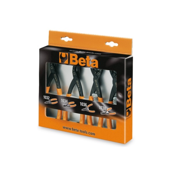 Set of four Beta retaining ring snap ring circlip pliers in a display box, featuring black and orange handles, with model numbers 1032, 1034, 1036 visible on the packaging.