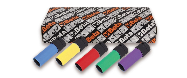 Set of five impact sockets in blue, yellow, red, green, and purple, packaged in a branded Beta box with a patterned design.