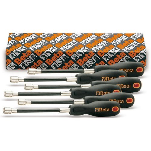 Set of 6 flexible shaft nut drivers with black rubber handles and silver metal shafts, ranging from 5mm to 10mm, displayed in a branded Beta packaging.