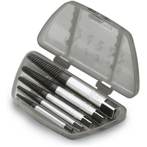 Six-piece tapered extractor set in a transparent case, featuring metal extractors with hexagonal heads, suitable for screw sizes M3 to M24.