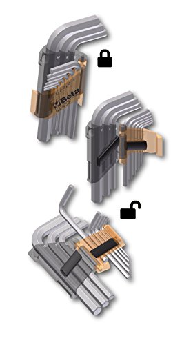 9-piece metric hex key set by Beta featuring silver metal keys in various sizes, organized in a compact holder with a black and gold design for easy access and storage.