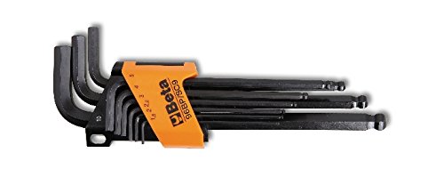 9-piece metric hex key set by Beta, featuring black steel keys in varying lengths, secured in an orange plastic holder with size markings for easy identification.