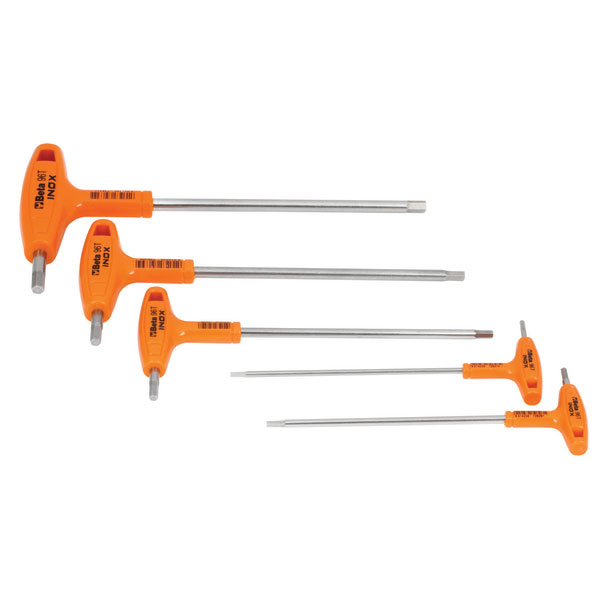 Set of five offset hexagon key wrenches in orange plastic handles with silver steel shafts, featuring varying sizes for versatile use.