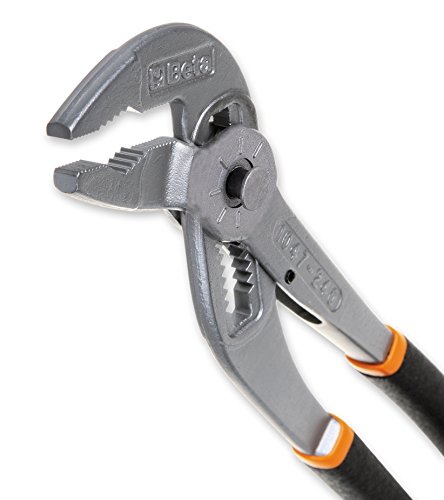 Silver slip joint pliers with a push button alignment feature, textured grip, and orange accents, showcasing serrated jaws and multiple adjustment settings.