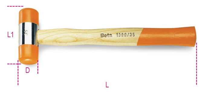 Soft face hammer with a wooden shaft, featuring an orange rubber striking surface and a polished metal head, marked with "Beta 1390/35."