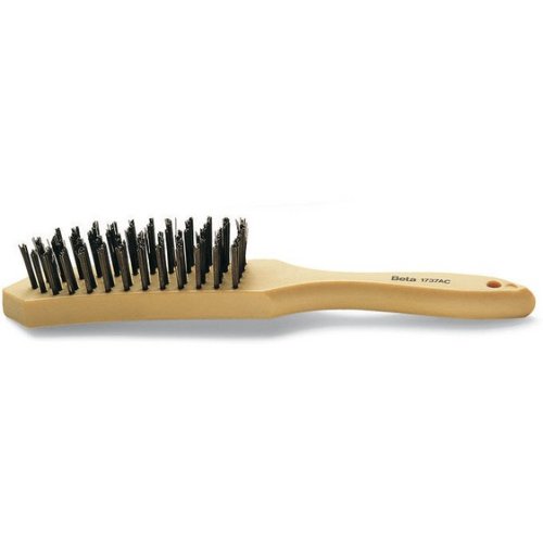 Steel wire brush with a wooden handle, featuring a light wood color and densely packed black bristles, designed for cleaning and surface preparation.