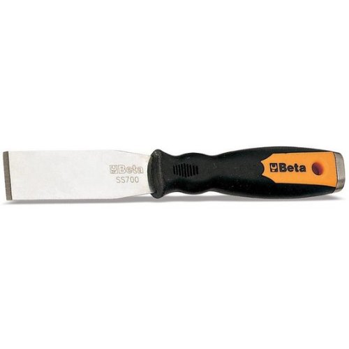 Straight putty knife scraper with a stainless steel blade and a black rubber handle featuring an orange Beta logo, designed for precision scraping and smoothing.