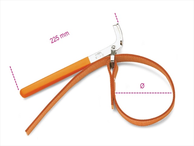 Beta Tools 014900001 strap wrench features a silver metal handle with an orange rubber grip and a durable orange strap, designed for securely gripping oil filters.