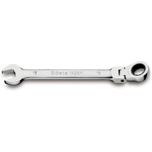 Shiny chrome-finished 12-point ratcheting combination wrench with a flex head, marked "Beta 142SN," featuring a 14mm opening on one end and a standard wrench on the other.