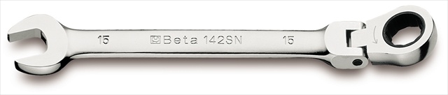 Shiny chrome-plated steel ratcheting combination wrench, 12-point flex head design, marked "Beta 142SN" and "18mm" on the handle, featuring a smooth finish for durability.